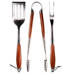 Drip EZ 3-Piece Grilling Tool Set With Stainless Body And Rosewood Handles - Spatula, Tongs, And Fork
