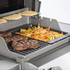 Weber Grills Porcelain-Enameled Cast-Iron Griddle For Spirit II 200/300 & Spirit 200/300 Series Grills -BBQGrills Shop Weber 7658 griddle spiritII placed in grill cooking vegetables